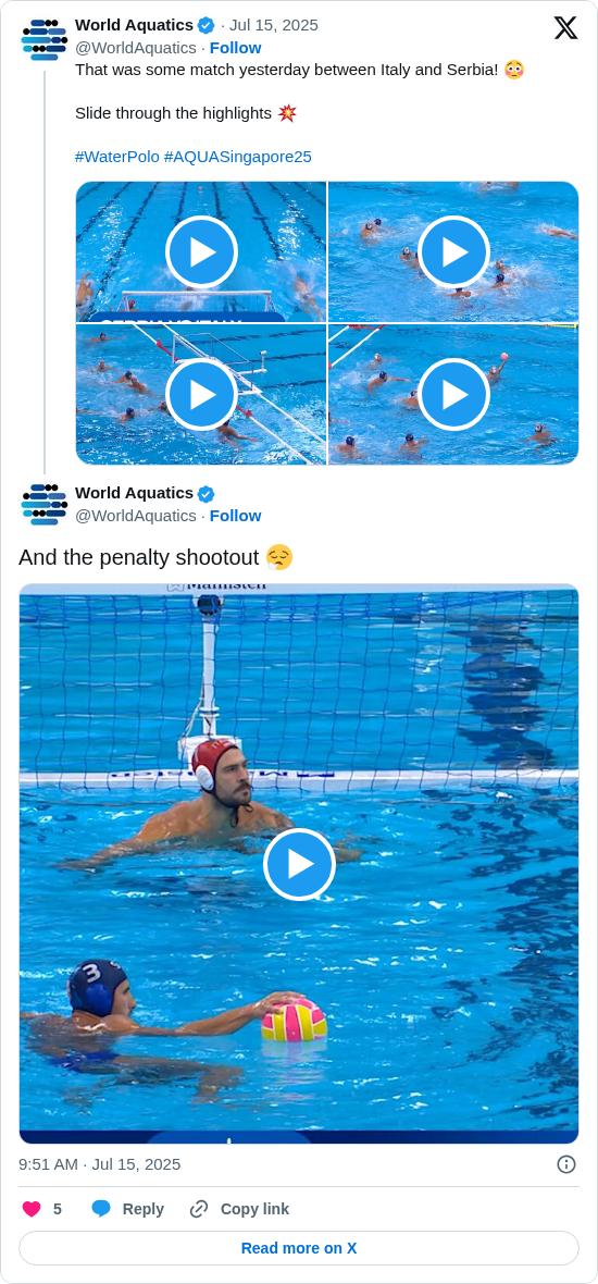 World Aquatics: And the penalty shootout 😮‍💨 https://t.co/9OmngapWtl