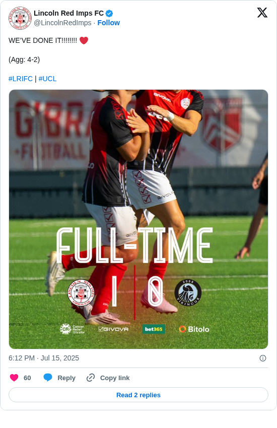 Lincoln Red Imps FC: WE’VE DONE IT!!!!!!!! ❤️

(Agg: 4-2) 

#LRIFC | #UCL https://t.co/HO9NzpYRdU