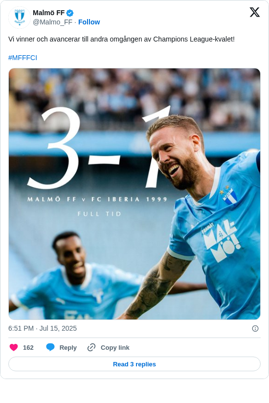 Malmö FF: Vi vinner och avancerar till andra omgången av Champions League-kvalet!

#MFFFCI https://t.co/etgn4nAn7p