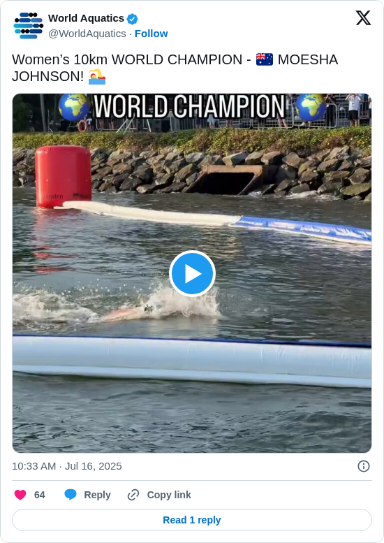 World Aquatics: Women’s 10km WORLD CHAMPION - 🇦🇺 MOESHA JOHNSON! 🏊‍♀️ https://t.co/V8b75kjE4c