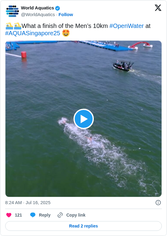 World Aquatics: 🏊‍♂️🏊‍♂️What a finish of the Men’s 10km #OpenWater at #AQUASingapore25 🤩 https://t.co/2nQDyJQ7KK