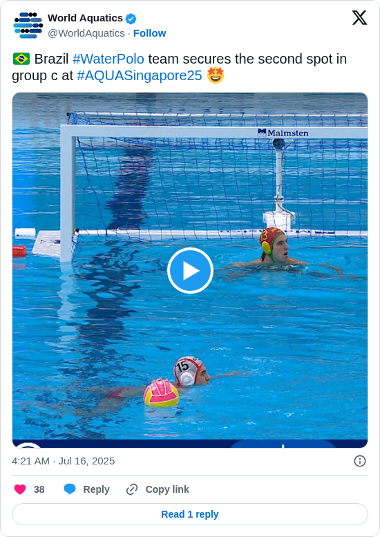 World Aquatics: 🇧🇷 Brazil #WaterPolo team secures the second spot in group c at #AQUASingapore25 🤩 https://t.co/l6z7B0nKzt