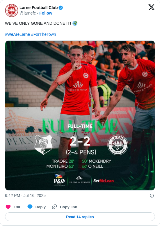 Larne Football Club: WE’VE ONLY GONE AND DONE IT! 🌍

#WeAreLarne #ForTheTown https://t.co/6nhpAHuPEH