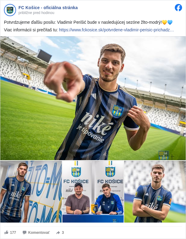 FC Košice - oficiálna stránka: Potvrdzujeme ďalšiu posilu: Vladimir Perišić bude v nasledujúcej sezóne žlto-modrý!💛💙

 Viac informácii si prečítaš tu: https://www.fckosice.sk/potvrdene-vladimir-perisic-prichadz… <https://l.facebook.com/l.php?u=https%3A%2F%2Fwww.fckosice.sk%2Fpotvrdene-vladimir-perisic-prichadza-na-hostovanie-zo-slavie-praha-a19-2398&h=AT0nKFhpwe2igLZL0gypRCaXoytNY6WwLkuwabjauUQ-KYUEs0WYC70VWmZ2C_r6C8MFvsLV5-E7o57Yk_1kqyFgJbHKZRvXlJlIIzvhDhEAKHBXutUaFW_VRERJFG6XITkN69GvBt_S3VI>


