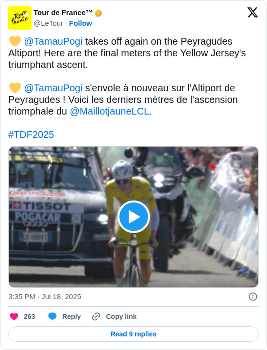 Tour de France™: 💛 @TamauPogi takes off again on the Peyragudes Altiport! Here are the final meters of the Yellow Jersey's triumphant ascent.

💛 @TamauPogi s'envole à nouveau sur l'Altiport de Peyragudes ! Voici les derniers mètres de l'ascension triomphale du @MaillotjauneLCL. 

#TDF2025 https://t.co/Ets4xnrFSF