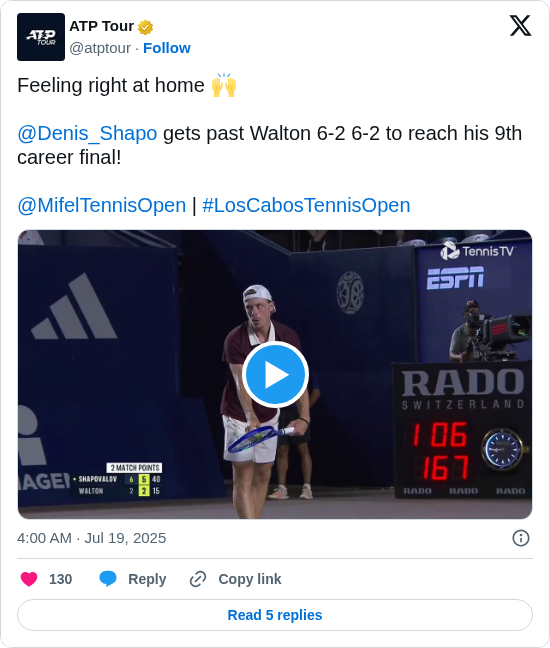 ATP Tour: Feeling right at home 🙌

@Denis_Shapo gets past Walton 6-2 6-2 to reach his 9th career final!

@MifelTennisOpen | #LosCabosTennisOpen https://t.co/5bSfAy783C