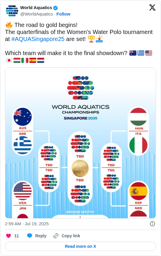 World Aquatics: 🔥 The road to gold begins!
The quarterfinals of the Women’s Water Polo tournament at #AQUASingapore25 are set! 🏆🤽‍♀️

Which team will make it to the final showdown? 🇦🇺🇬🇷🇺🇸🇯🇵🇭🇺🇮🇹🇪🇸🇳🇱 https://t.co/EC5fdXgqB6