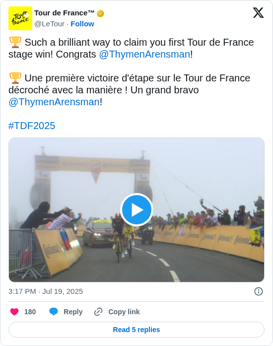 Tour de France™: 🏆 Such a brilliant way to claim you first Tour de France stage win! Congrats @ThymenArensman!

🏆 Une première victoire d'étape sur le Tour de France décroché avec la manière ! Un grand bravo @ThymenArensman!

#TDF2025 https://t.co/pzSHWlE3vb