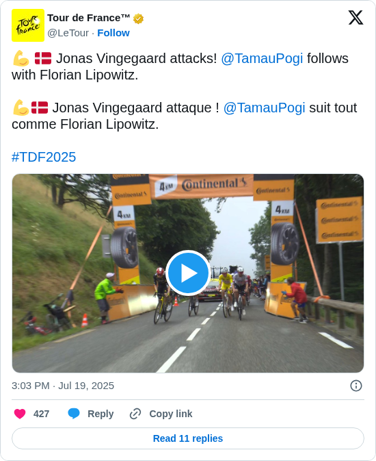 Tour de France™: 💪 🇩🇰 Jonas Vingegaard attacks! @TamauPogi follows with Florian Lipowitz.

💪🇩🇰 Jonas Vingegaard attaque ! @TamauPogi suit tout comme Florian Lipowitz.

#TDF2025 https://t.co/uazQvrxgwY