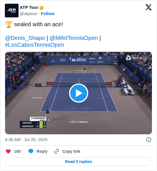ATP Tour: 🏆 sealed with an ace!

@Denis_Shapo | @MifelTennisOpen | #LosCabosTennisOpen https://t.co/XCf6porG8I