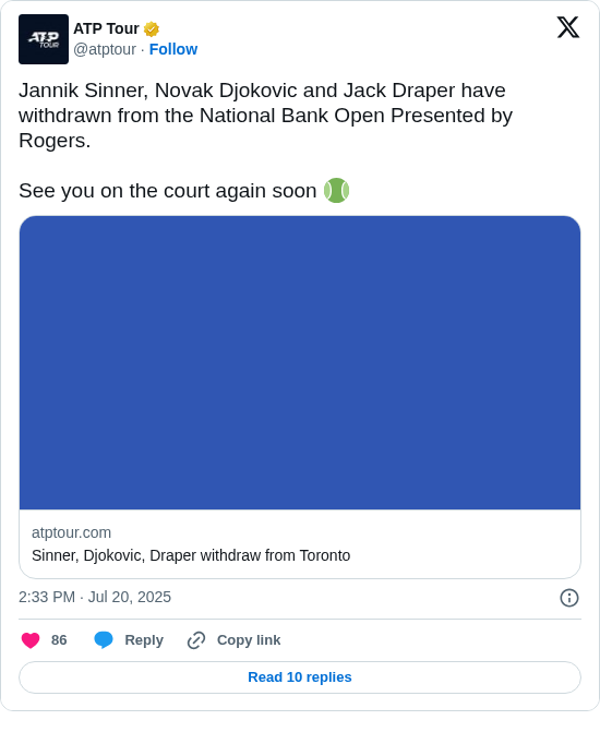 ATP Tour: Jannik Sinner, Novak Djokovic and Jack Draper have withdrawn from the National Bank Open Presented by Rogers. 
 
See you on the court again soon 🎾