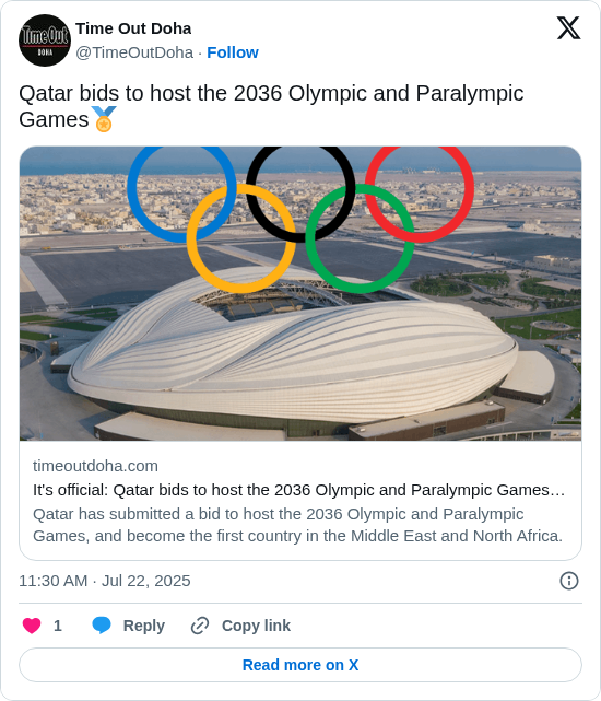 Time Out Doha: Qatar bids to host the 2036 Olympic and Paralympic Games🏅
https://t.co/ZI4l4yELlW