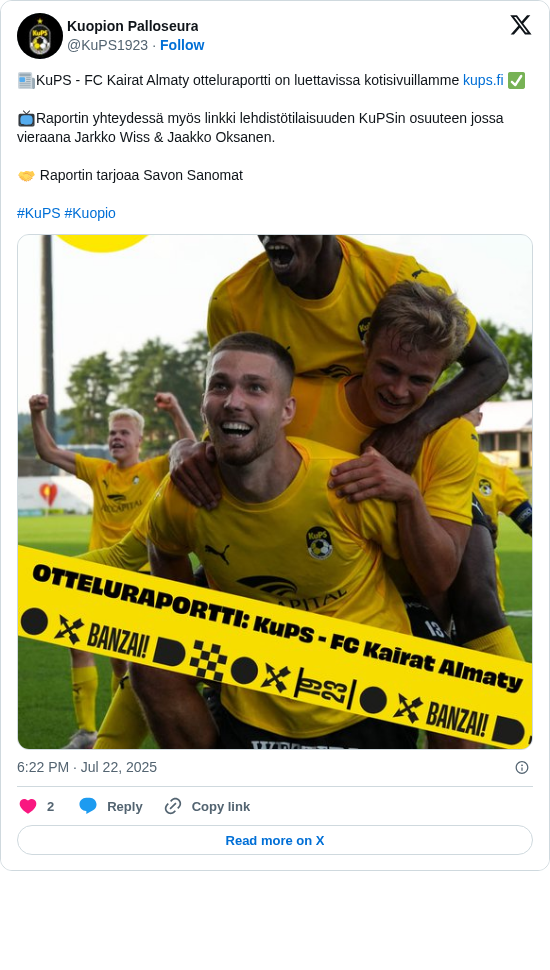 Kuopion Palloseura: 📰KuPS - FC Kairat Almaty otteluraportti on luettavissa kotisivuillamme https://t.co/4FsgkHRvqi ✅

📺Raportin yhteydessä myös linkki lehdistötilaisuuden KuPSin osuuteen jossa vieraana Jarkko Wiss &amp; Jaakko Oksanen.

🤝 Raportin tarjoaa Savon Sanomat

#KuPS #Kuopio https://t.co/vCfaIM0vLy