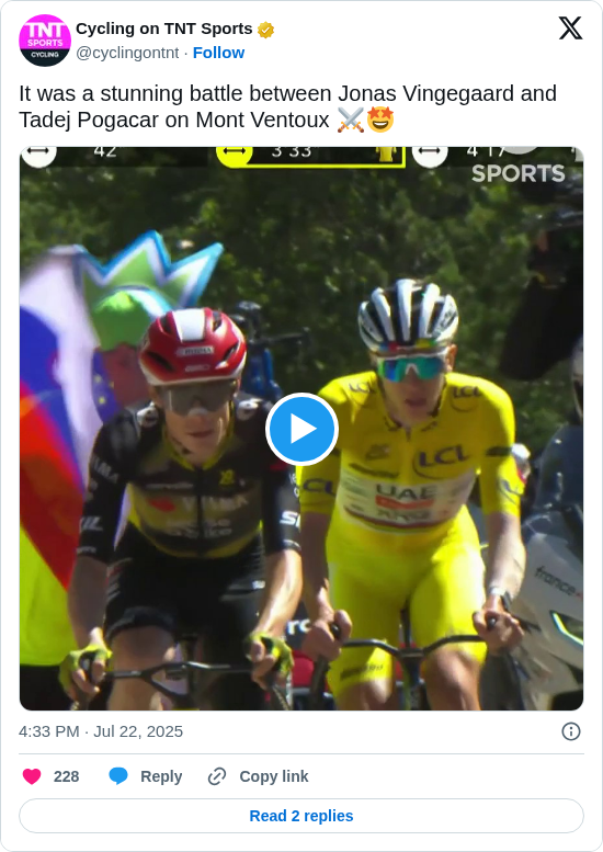 Cycling on TNT Sports: It was a stunning battle between Jonas Vingegaard and Tadej Pogacar on Mont Ventoux ⚔️🤩 https://t.co/pk74jVi1cB