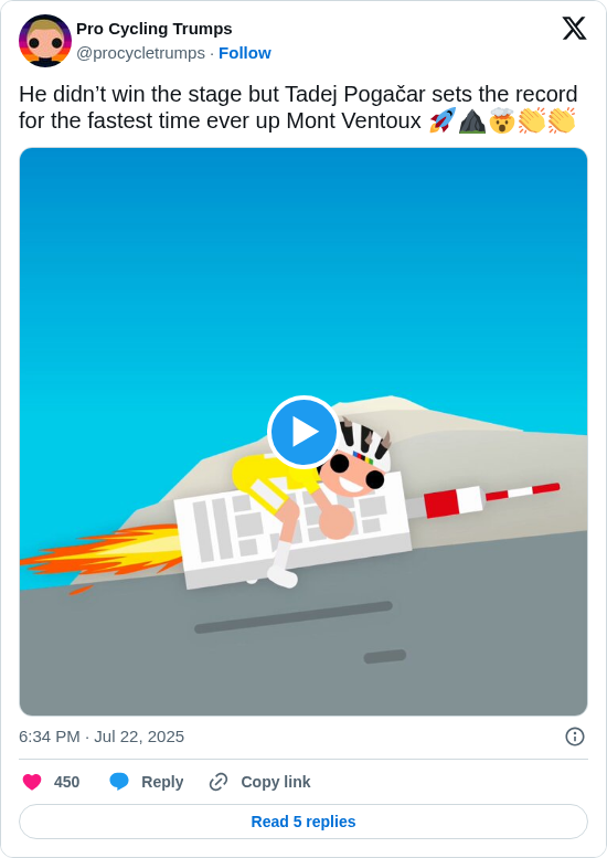 Pro Cycling Trumps: He didn’t win the stage but Tadej Pogačar sets the record for the fastest time ever up Mont Ventoux 🚀⛰️🤯👏👏 https://t.co/lwim2oROgz