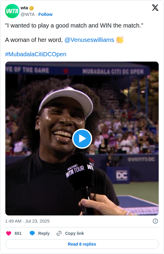 wta: "I wanted to play a good match and WIN the match."

A woman of her word, @Venuseswilliams 👏

#MubadalaCitiDCOpen https://t.co/MhmGgPpRQ1