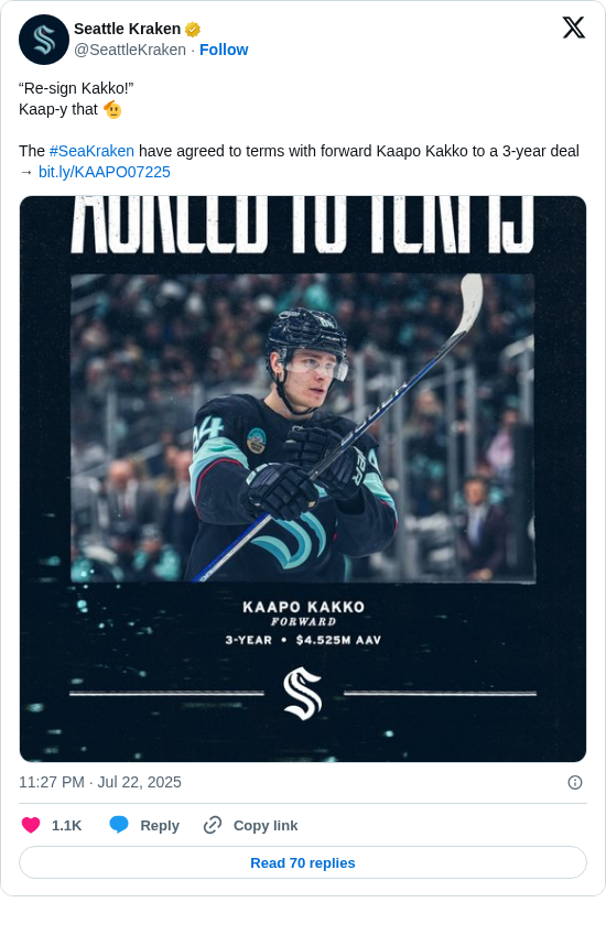 Seattle Kraken: “Re-sign Kakko!”
Kaap-y that 🫡

The #SeaKraken have agreed to terms with forward Kaapo Kakko to a 3-year deal → https://t.co/9ExeZuvrH8 https://t.co/Vd79NC1JFz