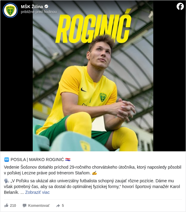 MŠK Žilina: 🆕 POSILA | MARKO ROGINIĆ 🇭🇷

 Vedenie Šošonov dotiahlo príchod 29-ročného chorvátskeho útočníka, ktorý naposledy pôsobil v poľskej Leczne práve pod trénerom Staňom. ✍️

 🗣️ „V Poľsku sa ukázal ako univerzálny futbalista schopný zaujať rôzne pozície. Dáme mu však potrebný čas, aby sa dostal do optimálnej fyzickej formy,“ hovorí športový manažér Karol Belaník. 

 Marko, vitaj a nech sa ti darí! 🤙
 Viac: https://shorturl.at/bDICi <https://l.facebook.com/l.php?u=https%3A%2F%2Fshorturl.at%2FbDICi&h=AT0hINpYfa19iBxIrYsf7crEf3jBhRerTCllNmaqothi74oLMB1xjWHVchk0V0qTYeisTlUXs2KpIrR8B5u1ZxFb3-G9DSce65JM6MEqWHjIlTrCdeSODWbudfqvjgSflio>

