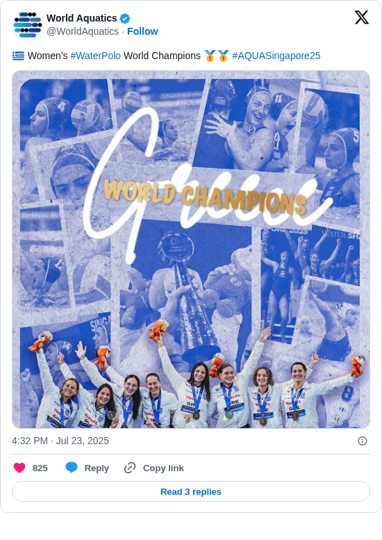 World Aquatics: 🇬🇷 Women’s #WaterPolo World Champions 🥇🥇 #AQUASingapore25 https://t.co/BxK6JoFFf4