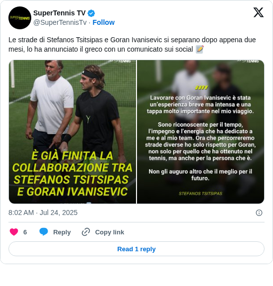 SuperTennis TV: Le strade di Stefanos Tsitsipas e Goran Ivanisevic si separano dopo appena due mesi, lo ha annunciato il greco con un comunicato sui social 📝 https://t.co/C4BxywVfvc