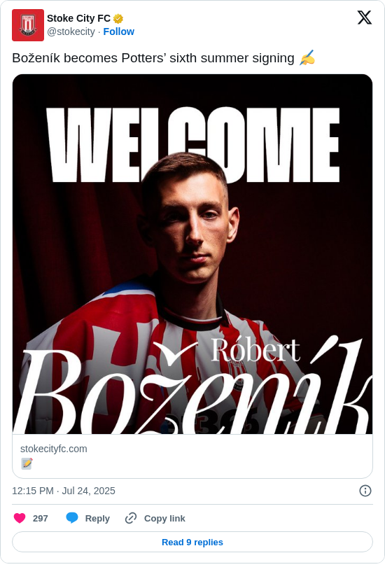 Stoke City FC: Boženík becomes Potters’ sixth summer signing ✍️