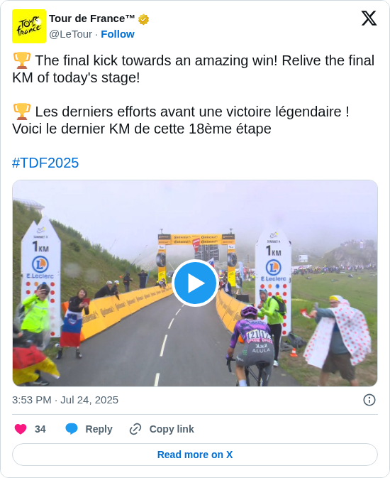 Tour de France™: 🏆 The final kick towards an amazing win! Relive the final KM of today's stage!

🏆 Les derniers efforts avant une victoire légendaire ! Voici le dernier KM de cette 18ème étape

#TDF2025 https://t.co/uuBN1hdYdN