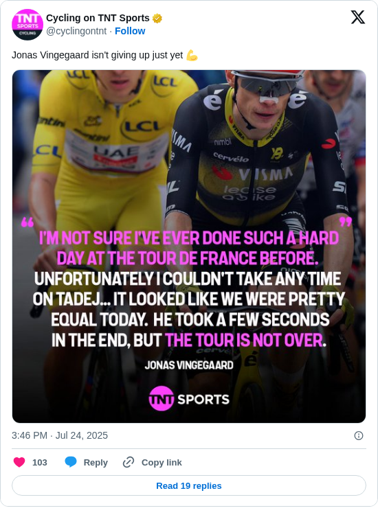 Cycling on TNT Sports: Jonas Vingegaard isn't giving up just yet 💪 https://t.co/iML6oqiXXV