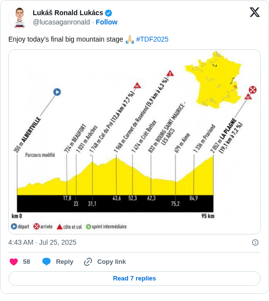 Lukáš Ronald Lukács: Enjoy today’s final big mountain stage 🙏🏼 #TDF2025 https://t.co/QmMlWYH8Pf