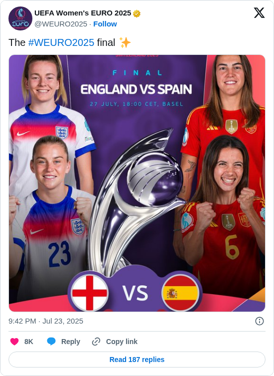 UEFA Women's EURO 2025: The #WEURO2025 final ✨ https://t.co/8C7AlvpnLb
