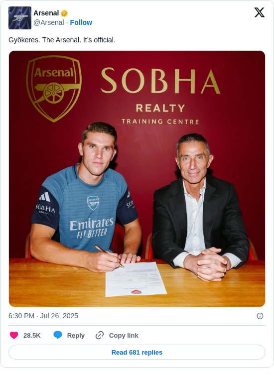 Arsenal: Gyökeres. The Arsenal. It’s official. https://t.co/H11yMVU3gf