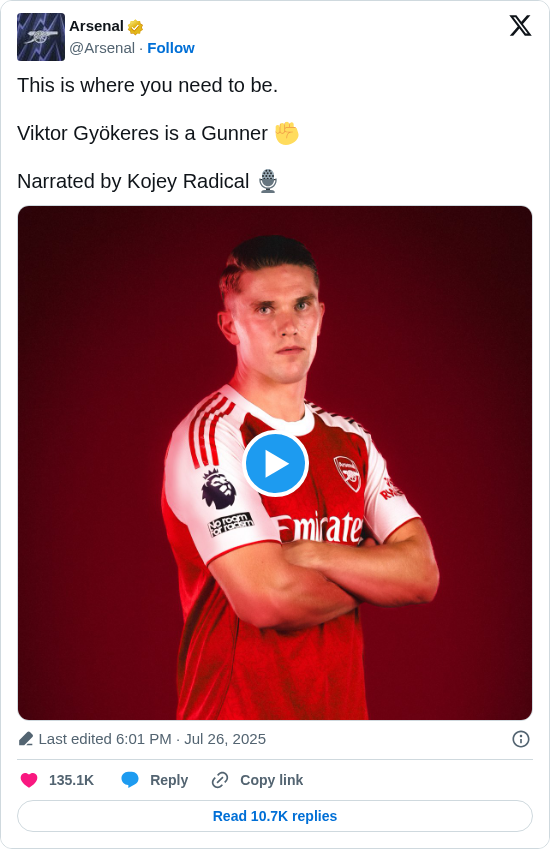 Arsenal: This is where you need to be.

Viktor Gyökeres is a Gunner ✊

Narrated by Kojey Radical 🎙️ https://t.co/k7qLBUyW61