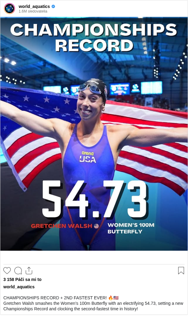 

CHAMPIONSHIPS RECORD + 2ND FASTEST EVER! 🔥🇺🇸
Gretchen Walsh smashes the Women’s 100m Butterfly with an electrifying 54.73, setting a new Championships Record and clocking the second-fastest time in history!