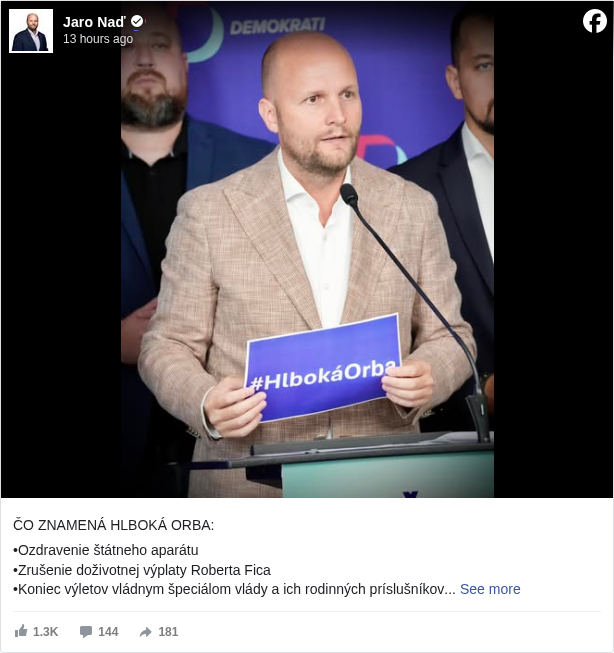 Jaro Naď: ČO ZNAMENÁ HLBOKÁ ORBA:

 •Ozdravenie štátneho aparátu
 •Zrušenie doživotnej výplaty Roberta Fica
 •Koniec výletov vládnym špeciálom vlády a ich rodinných príslušníkov
 •Odstrihnutie ruských chápadiel od štátnej moci
 •Obnovenie NAKA a ÚŠP 
 •Koniec štátnym zákazkám pre spriatelené firmy a rodinné klany
 •Zrušenie nezmyselných daní
 •Stop papalášskym oslavám za milióny v čase konsolidácie
 •Znovu nastavenie kompasu zahraničnej politiky
 •Budovanie dôvery spojencov v NATO a partnerov v EÚ
 •Vyčistenie bezpečnostných zložiek od loajálnych nominantov
 •Nulová tolerancia ku korupcii vo verejných funkciách
 •Depolitizácia polície, súdov a prokuratúry
 •Otvorené a transparentné verejné obstarávania, nie kšefty v tmavých miestnostiach
 •Odstránenie rodinkárstva a trafik v štátnych podnikoch
 •Rešpekt k pravidlám, nie k mocenským hrám
 •Prinavrátenie slobody médií a naopak rázne kroky voči dezinformačným mediám
 •Ozdravenie ekonomiky a znovu naštartovanie podnikateľského prostredia 
 •Prílev investorov a nové pracovné miesta 
 •Koniec „konzultantov za milióny“, ktorí nič nevytvárajú
 •Zamedzenie plytvania verejnými financiami cez „urgentné nákupy“
 •Ukončenie zneužívania bezpečnostných zložiek na politické ciele
 •Ochrana občianskej spoločnosti pred štátnym tlakom
 •Obnovenie dôvery ľudí v spravodlivosť, inštitúcie a demokraciu

 …a mnoho ďalšieho. Priatelia, asi nie je náhoda, že práve tí, čo sa boja hlbokej orby najviac, robia všetko preto, aby sa neudiala. Však, pán premiér?

 Ale my ju urobíme. Lebo Slovensko si zaslúži očistu, nie úpadok.

