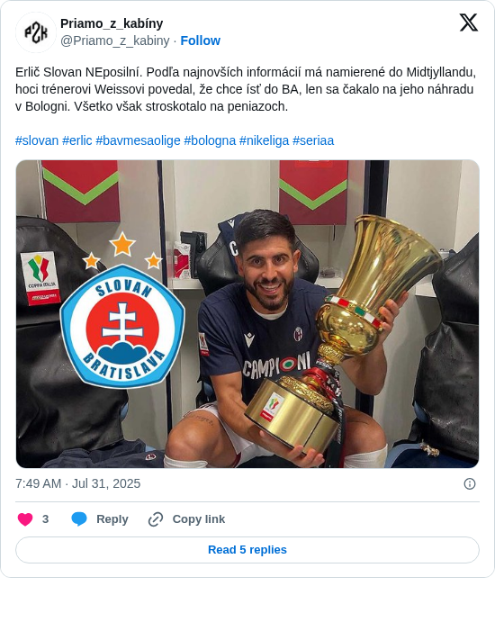 Priamo_z_kabíny: Erlič Slovan NEposilní. Podľa najnovších informácií má namierené do Midtjyllandu, hoci trénerovi Weissovi povedal, že chce ísť do BA, len sa čakalo na jeho náhradu v Bologni. Všetko však stroskotalo na peniazoch.

#slovan #erlic #bavmesaolige #bologna #nikeliga #seriaa https://t.co/b1QnwvSj9o
