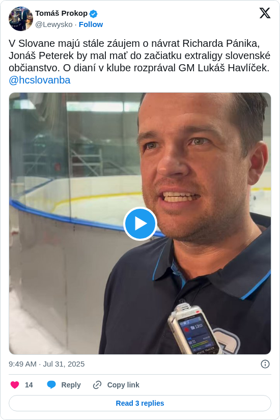 Tomáš Prokop: V Slovane majú stále záujem o návrat Richarda Pánika, Jonáš Peterek by mal mať do začiatku extraligy slovenské občianstvo. O dianí v klube rozprával GM Lukáš Havlíček. @hcslovanba https://t.co/1p2wMpaW3h