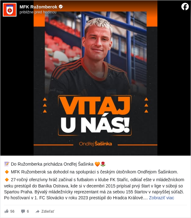 MFK Ružomberok: 📝 Do Ružomberka prichádza Ondřej Šašinka 🧡🌹

 🔸 MFK Ružomberok sa dohodol na spolupráci s českým útočníkom Ondřejom Šašinkom.

 🔸 27-ročný ofenzívny hráč začínal s futbalom v klube FK Staříc, odkiaľ ešte v mládežníckom veku prestúpil do Baníka Ostrava, kde si v decembri 2015 pripísal prvý štart v lige v súboji so Spartou Praha. Bývalý mládežnícky reprezentant má za sebou 155 štartov v najvyššej súťaži. Po hosťovaní v 1. FC Slovácko v roku 2023 prestúpil do Hradca Králové.

 🔸 Ondřej Šašinka podpísal zmluvu v Ružomberku na dva roky.

 🔸 Vitaj u nás Ondřej Šašinka!

