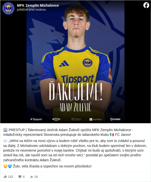 MFK Zemplín Michalovce: 🔁 PRESTUP | Talentovaný útočník Adam Žulevič opúšťa MFK Zemplín Michalovce - mládežnícky reprezentant Slovenska prestupuje do talianskeho klubu 🇮🇹 FC Janov! 

 💬 „Veľmi sa teším na novú výzvu a budem robiť všetko pre to, aby som to zvládol a posunul sa ďalej. Z Michaloviec odchádzam s dobrým pocitom, na klub budem spomínať len v dobrom, pretože mi nesmierne pomohol v mojej kariére. Chýbať mi budú aj spoluhráči, s ktorými som strávil iba rok, ale naučil som sa od nich mnoho vecí,“ povedal po spečatení svojho prvého zahraničného kontraktu Adam Žulevič.

 💛💙 Žulo, veľa šťastia a úspechov na novom pôsobisku!

