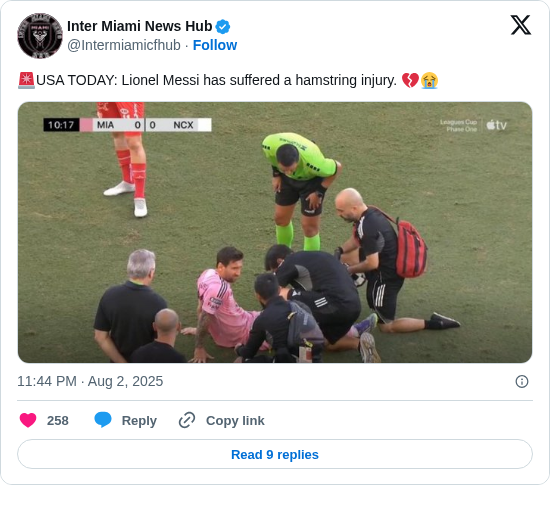 Inter Miami News Hub: 🚨USA TODAY: Lionel Messi has suffered a hamstring injury. 💔😭 https://t.co/mFk682iVJz