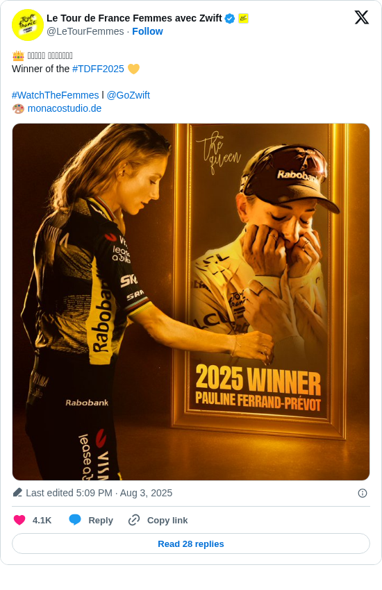 Le Tour de France Femmes avec Zwift: 👑 𝑸𝑼𝑬𝑬𝑵 𝑷𝑨𝑼𝑳𝑰𝑵𝑬
Winner of the #TDFF2025 💛

#WatchTheFemmes l @GoZwift
🎨 https://t.co/xXiQTR9odz https://t.co/yIvmsj502l