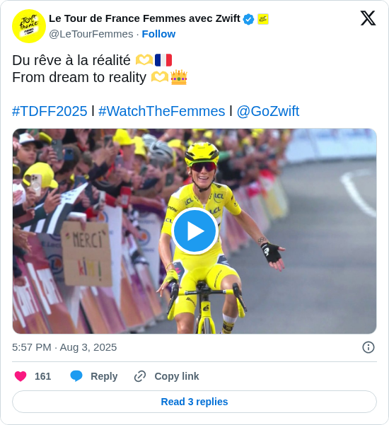 Le Tour de France Femmes avec Zwift: Du rêve à la réalité 🫶🇫🇷
From dream to reality 🫶👑

#TDFF2025 l #WatchTheFemmes l @GoZwift https://t.co/aMIfctS5EL