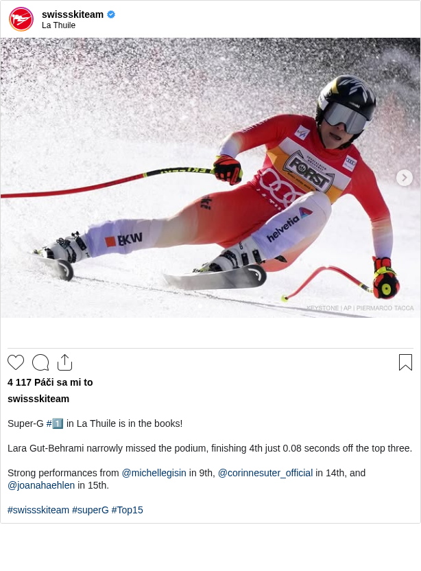 

Super-G #1️⃣ in La Thuile is in the books!

Lara Gut-Behrami narrowly missed the podium, finishing 4th just 0.08 seconds off the top three.

Strong performances from @michellegisin in 9th, @corinnesuter_official in 14th, and @joanahaehlen in 15th.

#swissskiteam #superG #Top15