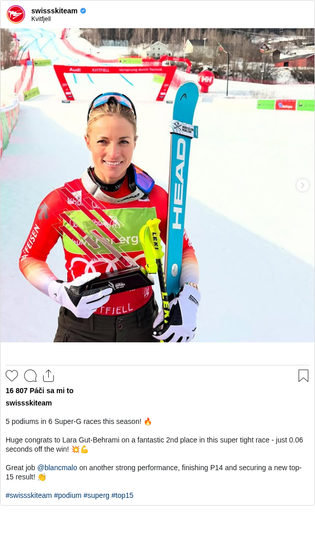 

5 podiums in 6 Super-G races this season! 🔥

Huge congrats to Lara Gut-Behrami on a fantastic 2nd place in this super tight race - just 0.06 seconds off the win! 💥💪

Great job @blancmalo on another strong performance, finishing P14 and securing a new top-15 result! 👏

#swissskiteam #podium #superg #top15