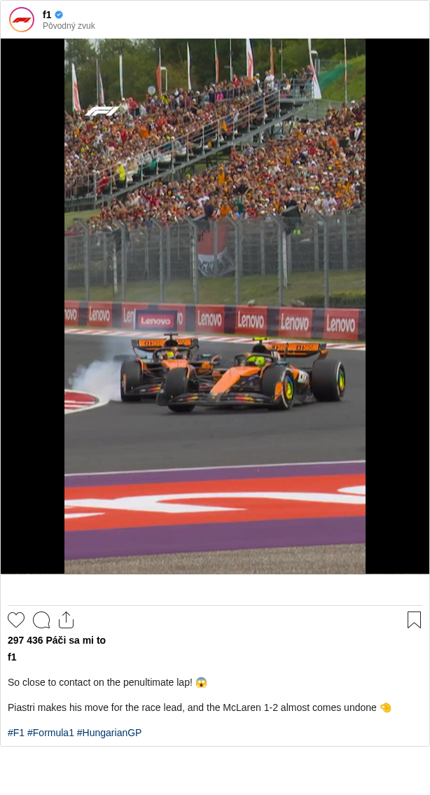 

So close to contact on the penultimate lap! 😱

Piastri makes his move for the race lead, and the McLaren 1-2 almost comes undone 🤏

#F1 #Formula1 #HungarianGP