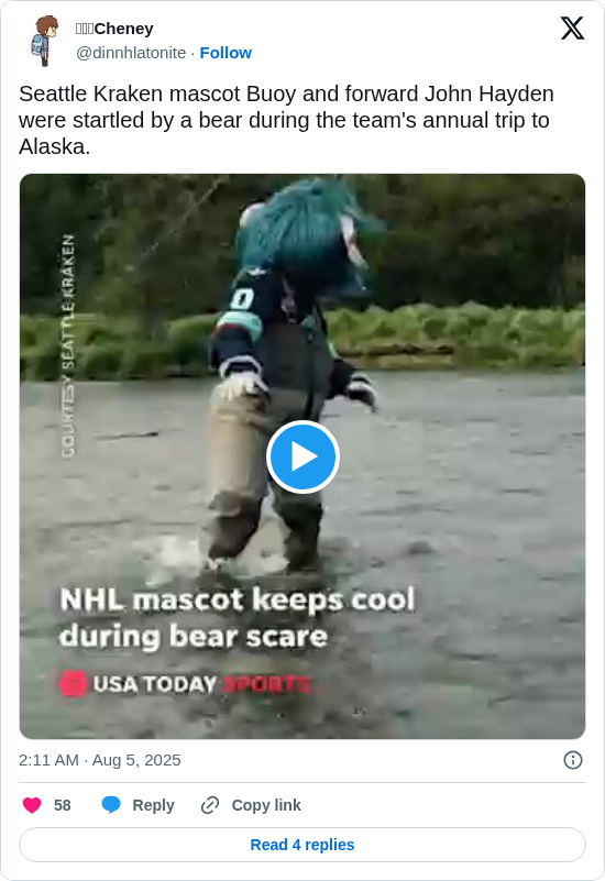 陈文武Cheney: Seattle Kraken mascot Buoy and forward John Hayden were startled by a bear during the team's annual trip to Alaska. https://t.co/dFBjFLz9Zk