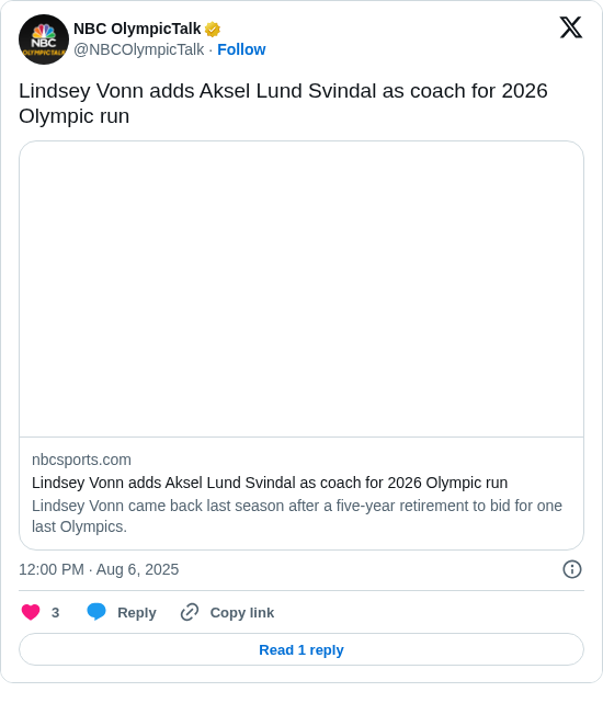 NBC OlympicTalk: Lindsey Vonn adds Aksel Lund Svindal as coach for 2026 Olympic run https://t.co/kEnVE0ZHms