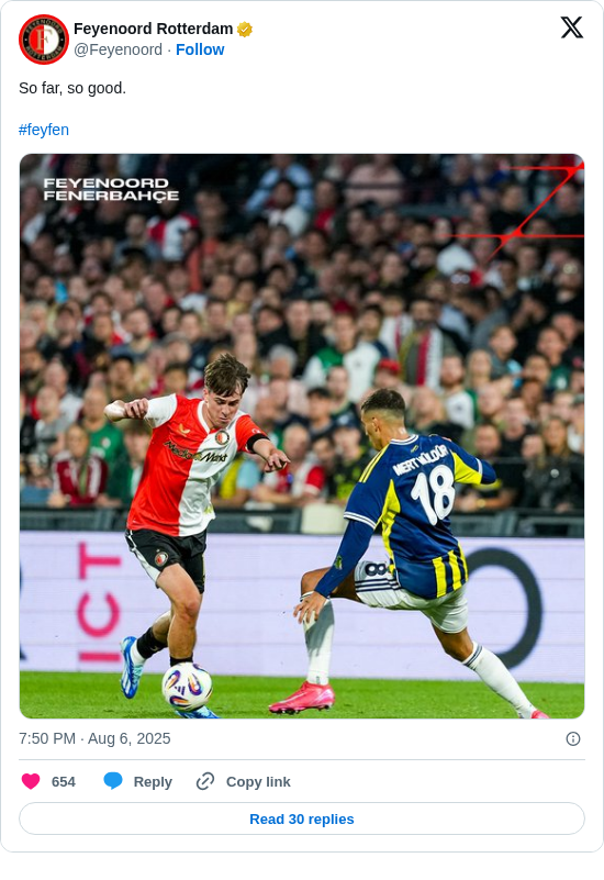 Feyenoord Rotterdam: So far, so good.

#feyfen https://t.co/w0TxcH87Ty