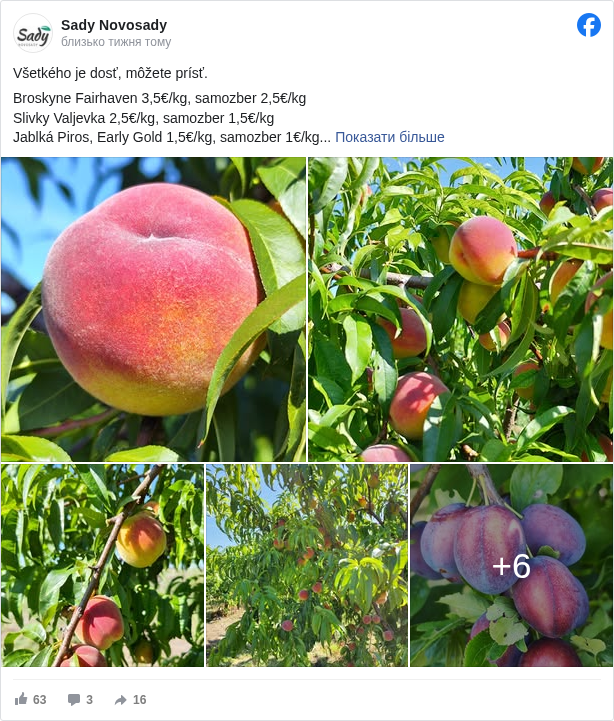 Sady Novosady: Všetkého je dosť, môžete prísť.

 Broskyne Fairhaven 3,5€/kg, samozber 2,5€/kg
 Slivky Valjevka 2,5€/kg, samozber 1,5€/kg
 Jablká Piros, Early Gold 1,5€/kg, samozber 1€/kg

 Všetko ovocie je vhodné na zaváranie, konzum, džemy, koláče, výživy, sušenie, ovocné kože a iné spracovanie.

 Na samozber stačí prísť, netreba sa objednávať. Sme tu každý deň od 8 do 16, okrem nedele.

 V ponuke je aj ovocie na kvas (broskyne 1,5€/kg, slivky 1€/kg).

 Cabaj Čápor 
 Info: 0905 795 975

