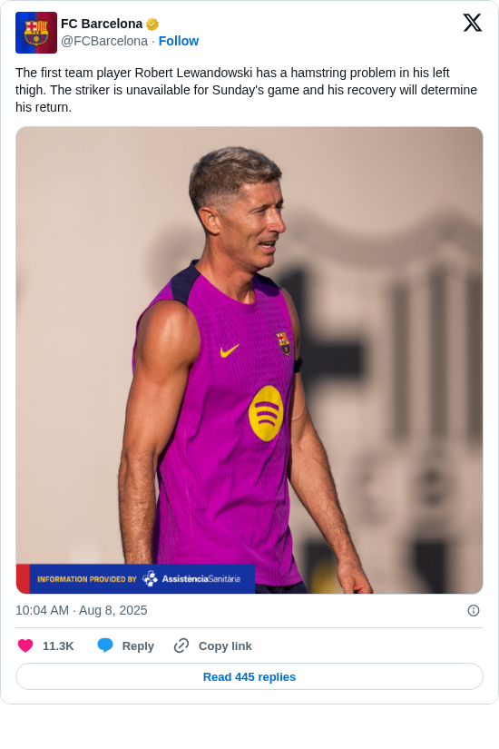 FC Barcelona: The first team player Robert Lewandowski has a hamstring problem in his left thigh. The striker is unavailable for Sunday's game and his recovery will determine his return. https://t.co/cPnhjasxlk