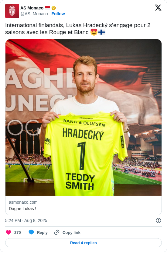 AS Monaco 🇲🇨: International finlandais, Lukas Hradecký s’engage pour 2 saisons avec les Rouge et Blanc 😍🇫🇮