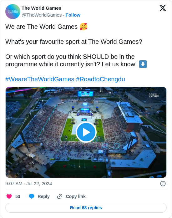 The World Games: We are The World Games 🥰

What's your favourite sport at The World Games? 

Or which sport do you think SHOULD be in the programme while it currently isn't? Let us know! ⬇️

#WeareTheWorldGames #RoadtoChengdu https://t.co/WM9t4vQXeJ